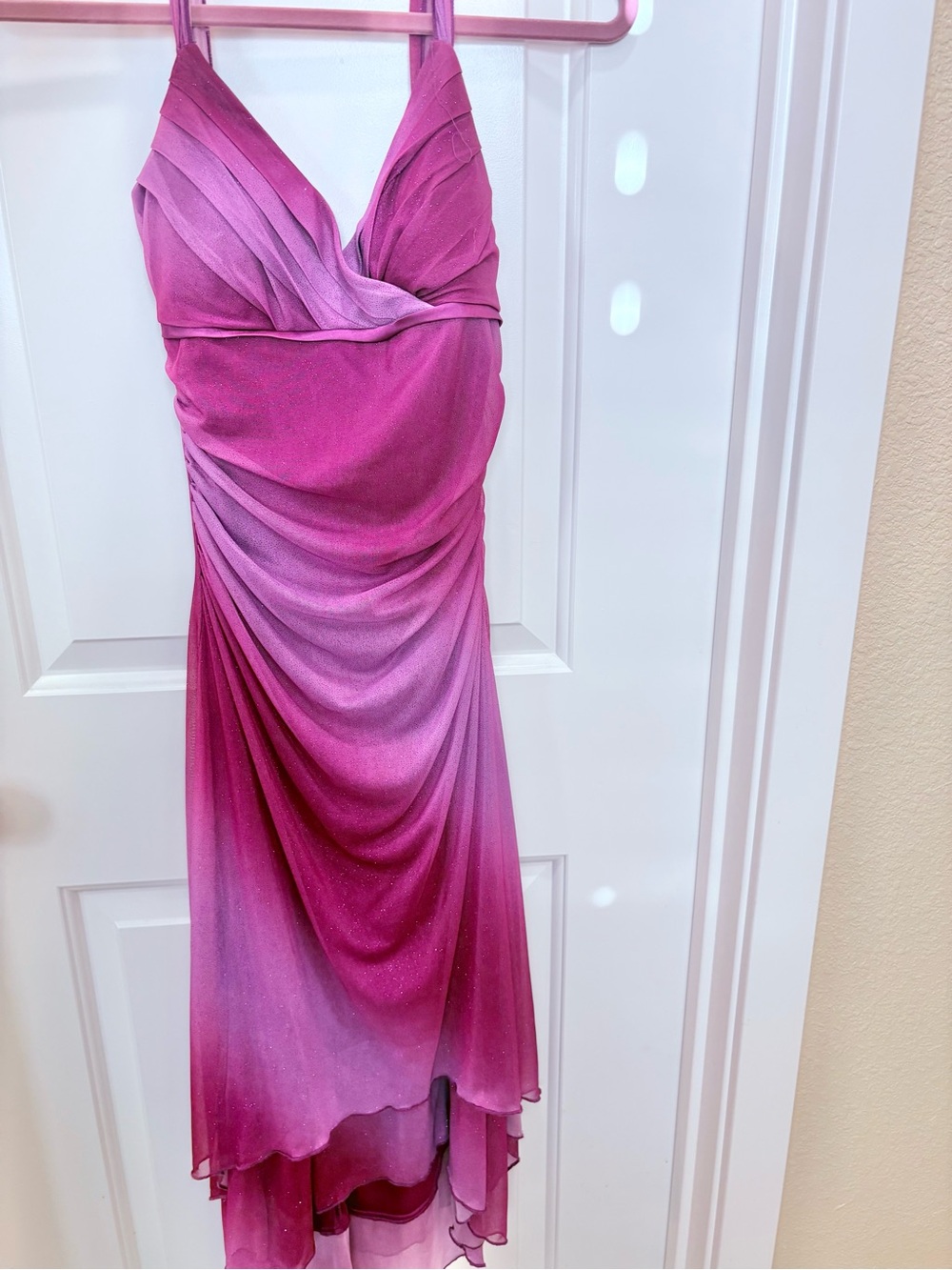 Women's Fuchsia Ombre Draped sparkly Evening Dress